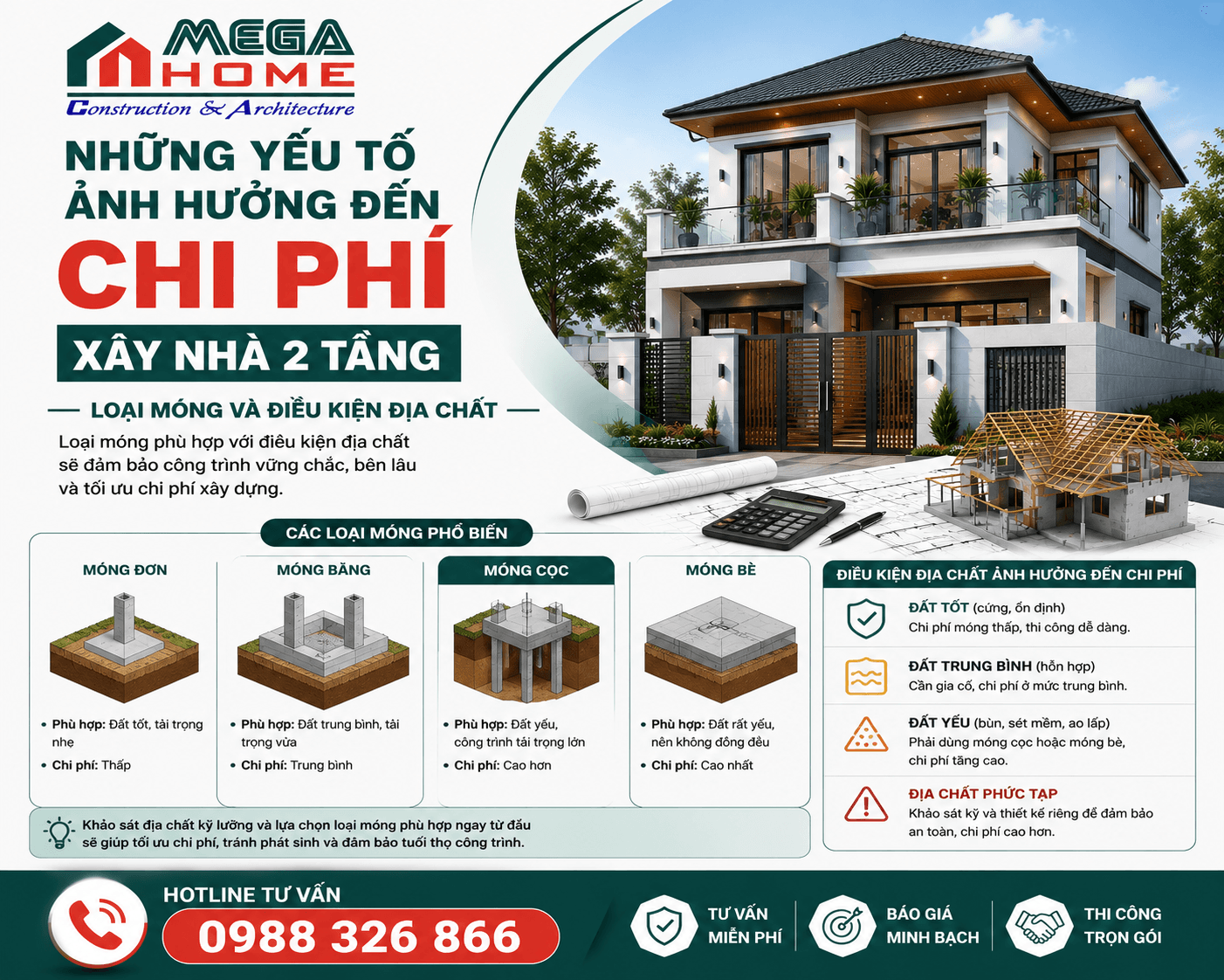 Cách tính chi phí xây nhà 2 tầng theo loại móng và điều kiện địa chất Cách tính chi phí xây nhà 2 tầng theo loại móng và điều kiện địa chất